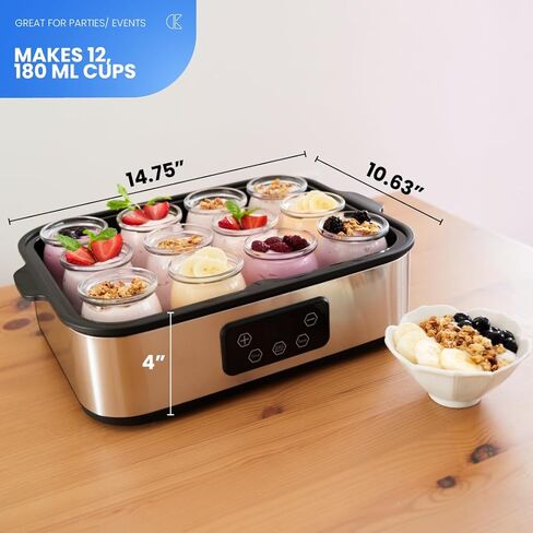 Automatic Yogurt Maker | 12 Glass Jars 180ml, Digital Timer & Temp Control | Stainless Steel Greek Yogurt Machine with Auto Shut-Off for Homemade Healthy Probiotic Snacks in Kuwait