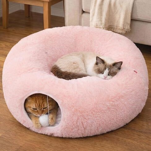 Meowfia Indoor Cat Tunnel with Donut Bed - Large Flexible Play Space for Multiple Pets - Circle or Snake Shape, Cozy Lounge (Pink) in Kuwait