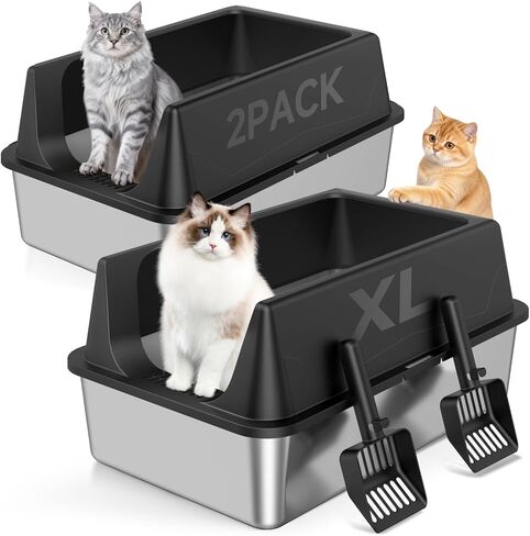 2 Pack XL Stainless Steel Litter Box with High Sides Shield for Multi Cat, Extra Large Tall Wall Open Top Deep Metal Pan for Big Cats, Anti-Leak Non-Stick Odor Control, 2 Scoops Included, Black in Kuwait