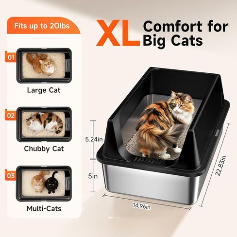 2 Pack XL Stainless Steel Litter Box with High Sides Shield for Multi Cat, Extra Large Tall Wall Open Top Deep Metal Pan for Big Cats, Anti-Leak Non-Stick Odor Control, 2 Scoops Included, Black in Kuwait