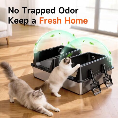 2 Pack XL Stainless Steel Litter Box with High Sides Shield for Multi Cat, Extra Large Tall Wall Open Top Deep Metal Pan for Big Cats, Anti-Leak Non-Stick Odor Control, 2 Scoops Included, Black in Kuwait