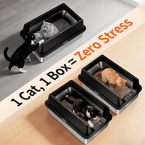 2 Pack XL Stainless Steel Litter Box with High Sides Shield for Multi Cat, Extra Large Tall Wall Open Top Deep Metal Pan for Big Cats, Anti-Leak Non-Stick Odor Control, 2 Scoops Included, Black in Kuwait