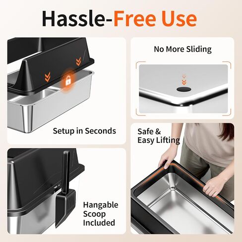 2 Pack XL Stainless Steel Litter Box with High Sides Shield for Multi Cat, Extra Large Tall Wall Open Top Deep Metal Pan for Big Cats, Anti-Leak Non-Stick Odor Control, 2 Scoops Included, Black in Kuwait