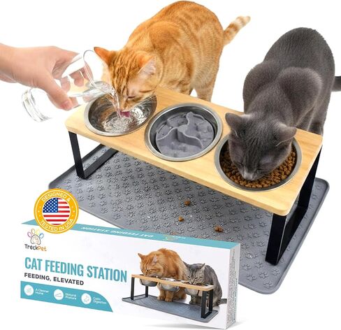 3 Bowl Elevated Cat Feeding Station-Raised Cat Food Bowls & Cat Bowls Elevated-15° Tilted Cat Food Bowls with Anti Slip Mat & Cat Slow Feeder Included–Anti-Vomiting Raised Slow Feeder Cat Bowl in Kuwait