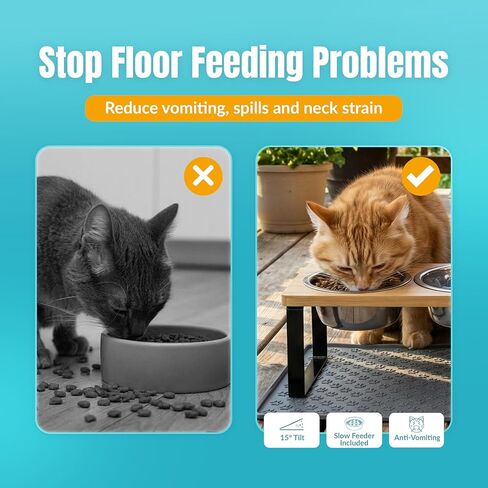 3 Bowl Elevated Cat Feeding Station-Raised Cat Food Bowls & Cat Bowls Elevated-15° Tilted Cat Food Bowls with Anti Slip Mat & Cat Slow Feeder Included–Anti-Vomiting Raised Slow Feeder Cat Bowl in Kuwait