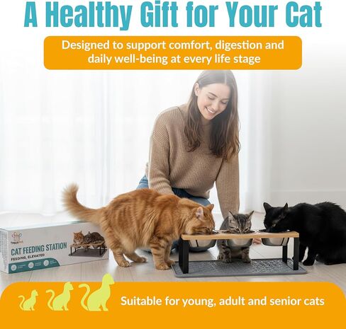 3 Bowl Elevated Cat Feeding Station-Raised Cat Food Bowls & Cat Bowls Elevated-15° Tilted Cat Food Bowls with Anti Slip Mat & Cat Slow Feeder Included–Anti-Vomiting Raised Slow Feeder Cat Bowl in Kuwait