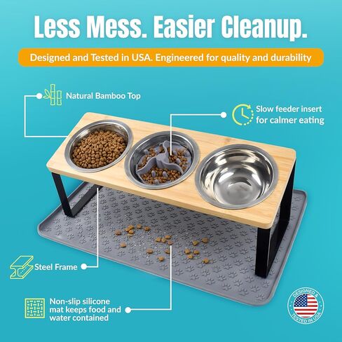 3 Bowl Elevated Cat Feeding Station-Raised Cat Food Bowls & Cat Bowls Elevated-15° Tilted Cat Food Bowls with Anti Slip Mat & Cat Slow Feeder Included–Anti-Vomiting Raised Slow Feeder Cat Bowl in Kuwait
