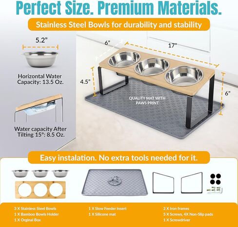 3 Bowl Elevated Cat Feeding Station-Raised Cat Food Bowls & Cat Bowls Elevated-15° Tilted Cat Food Bowls with Anti Slip Mat & Cat Slow Feeder Included–Anti-Vomiting Raised Slow Feeder Cat Bowl in Kuwait