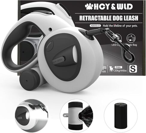 HCY&WLD Upgrade 4-in-1 Retractable Dog Leash with LED Light & Dispenser & Poop Bags, 16 ft Heavy Duty Dog Leash with Anti-Slip Handle for Dogs up to 44 lbs, 360° Tangle-Free, One Button Brake & Lock in Kuwait