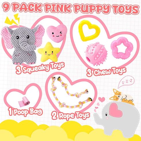 XIUGOAL Pink Puppy Toys - 9 Pack Puppy Chew Toys for Teething, Enrichment Dog Toys for Small Dogs to Keep Them Busy, Squeaky Plush Toy for Boredom in Kuwait