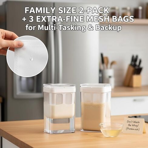 2Pcs Greek Yogurt Strainer, 1100ml Yogurt Maker Strainer System with 3 Fine Mesh Bags & Lid for Thick Greek Yogurt, Kefir, Soy Milk, Juices, Coffee in Kuwait