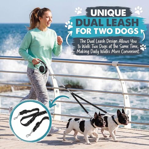 2 in 1 Retractable Dog Leash with 2 Detachable Leashes, 360° Swivel Hook, One-Button Length Lock, Ergonomic Grip Handle, Smooth Retraction for Small to Large Dogs for Walking & Outdoor Use in Kuwait
