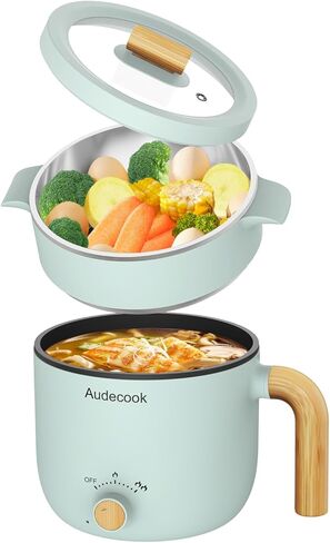 Audecook Hot Pot Electric with Steamer, 1.8L Portable Mini Travel Cooker, Multifunctional Non-Stick Electric Skillet for Stir Fry/Stew/Steam, Perfect for Ramen Noodles/Pasta/Egg/Soup/Oatmeal(Black) in Kuwait