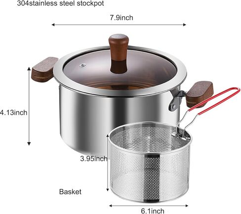 Stainless Steel Deep Fryer Pot with Basket,3.0L Stockpot for Home Use Frying, Pasta, Soup & Stews, 304 Stainless Steel, Glass Lid, Strainer Basket for All Stovetops in Kuwait