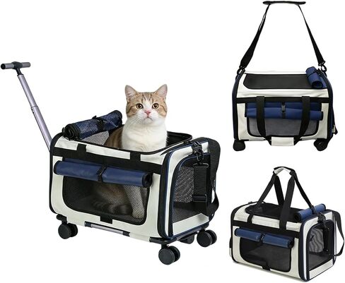 Expandable Pet Carrier with Wheels for Small Dogs and Cats,Airline Approved Rolling Cat Carrier with Removable Platform,18"X11"X14",Foldable Soft-Sided Travel Bag Fits Under Seat,Up to 16 lbs(Blue) in Kuwait