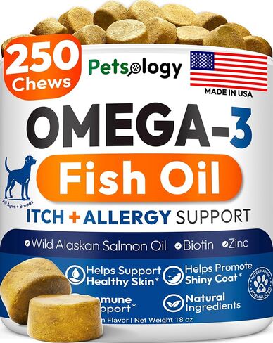 Omega 3 for Dogs - 250 Fish Oil Chews for Dog Shedding, Allergy & Itch Relief, Hot Spot Treatment - Advanced Skin & Coat Supplement - Joint Health - EPA & DHA Fatty Acids - Salmon Oil & Probiotics in Kuwait