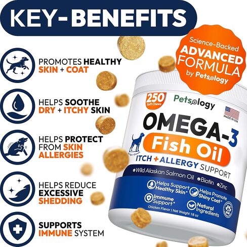 Omega 3 for Dogs - 250 Fish Oil Chews for Dog Shedding, Allergy & Itch Relief, Hot Spot Treatment - Advanced Skin & Coat Supplement - Joint Health - EPA & DHA Fatty Acids - Salmon Oil & Probiotics in Kuwait