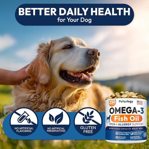 Omega 3 for Dogs - 250 Fish Oil Chews for Dog Shedding, Allergy & Itch Relief, Hot Spot Treatment - Advanced Skin & Coat Supplement - Joint Health - EPA & DHA Fatty Acids - Salmon Oil & Probiotics in Kuwait