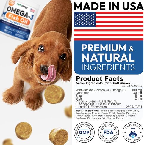 Omega 3 for Dogs - 250 Fish Oil Chews for Dog Shedding, Allergy & Itch Relief, Hot Spot Treatment - Advanced Skin & Coat Supplement - Joint Health - EPA & DHA Fatty Acids - Salmon Oil & Probiotics in Kuwait