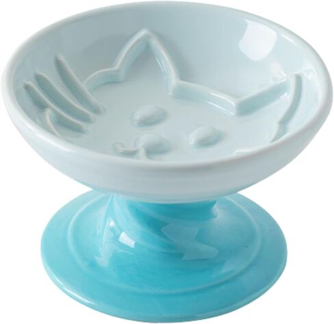 تصميم ملتوي مرتفع لطعام القطط ذو التغذية البطيئة، أطباق سيراميك مرتفعة للقطط مع حامل تصميم ملتوي مزخرف، ألوان معكرون، تصميم تغذية بطيئة (أزرق) in Kuwait
