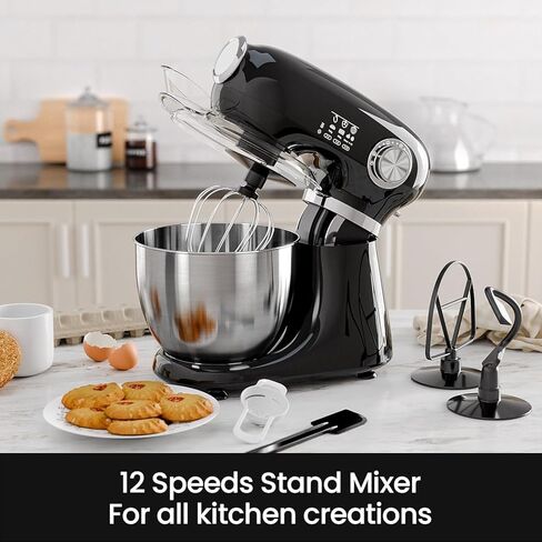 Kismile 5.5QT Tilt-Head Stand Mixer, 12-Speed Electric Mixer with 304 Stainless Steel Bowl - Includes Whisk, Dough Hook, Beater for Baking Bread, Cakes, Cookies (Light Black) in Saudi Arabia
