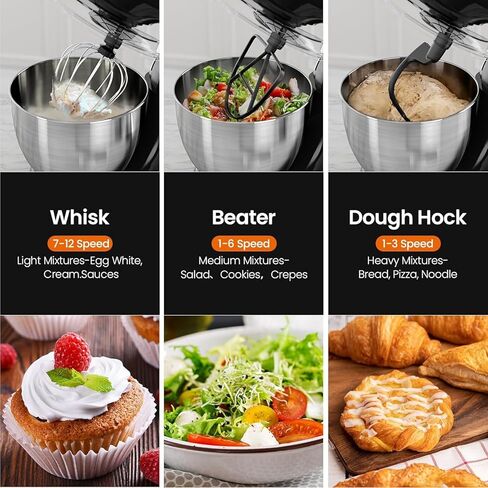 Kismile 5.5QT Tilt-Head Stand Mixer, 12-Speed Electric Mixer with 304 Stainless Steel Bowl - Includes Whisk, Dough Hook, Beater for Baking Bread, Cakes, Cookies (Light Black) in Saudi Arabia