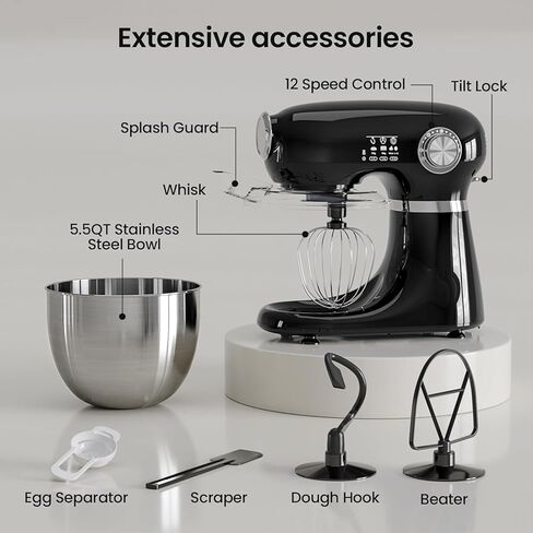 Kismile 5.5QT Tilt-Head Stand Mixer, 12-Speed Electric Mixer with 304 Stainless Steel Bowl - Includes Whisk, Dough Hook, Beater for Baking Bread, Cakes, Cookies (Light Black) in Saudi Arabia