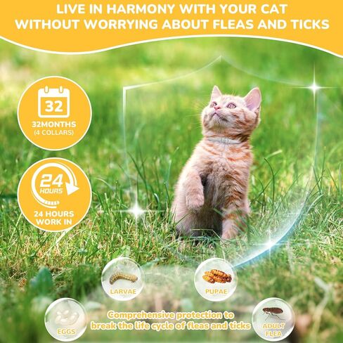 4 Pack Natural Flea Collar for Cats,Cat Flea and Tick Treatment,32 Months Protection Flea and Tick Prevention for Cats,Waterproof Cat Flea Collar,Adjustable Cat Flea and Tick for Kittens & Adult Cat in Kuwait