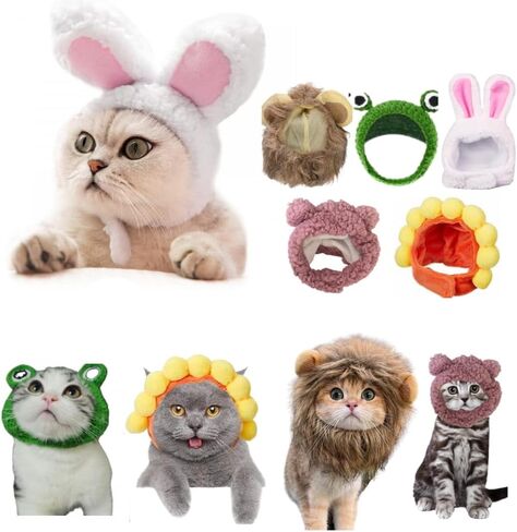 5 Pcs Cat Costume Hats - Banana Frog Lion Bunny Brown Bear Headwear for Cats, Kitten Puppy Party Easter Costume Accessory Headwear(Adjustable Breathable Design) in Kuwait