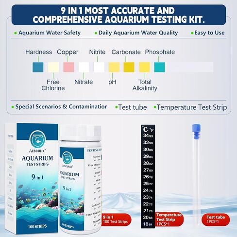9 in 1 Aquarium Test Strips, 100 Count, Fish Tank Water Test Kit for Freshwater & Saltwater, Tests Nitrate, Nitrite, pH, KH, Total Alkalinity, Hardness, Free Chlorine, Copper & Phosphate in Kuwait
