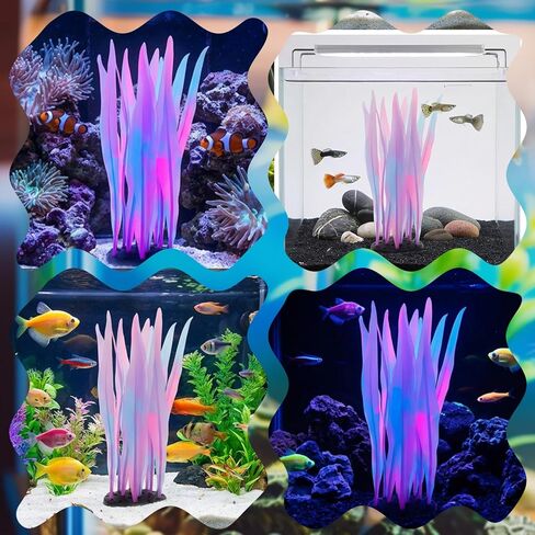 LLOUSSAK 2 Pcs Aquarium Glowing Kelp Plant, Soft Silicone Glowing Fish Tank Decorations, Fluorescence Coral Pink Fish Tank Decor for Aquarium in Kuwait