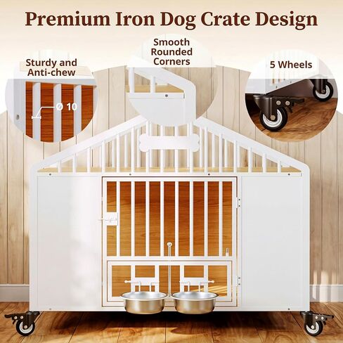IRONCK 41.3 "أثاث قفص للكلاب مع إطارين DIY، صناديق الحيوانات الأليفة شديدة التحمل مع وعاءين للكلاب قابلين للتدوير وعلامة الاسم، بيت للكلاب على شكل سقف مزخرف داخلي مع 5 عجلات للكلاب المتوسطة، أبيض in Kuwait