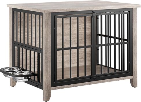 Lulive Dog Crate Furniture, Wooden Dog Kennel Indoor with Adjustable 360°& Height Dog Bowls, Double Doors Furniture Dog Crates End Table for Small/Medium 31.5" L*22.5" W*25.6" H, Grey in Kuwait