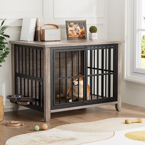 Lulive Dog Crate Furniture, Wooden Dog Kennel Indoor with Adjustable 360°& Height Dog Bowls, Double Doors Furniture Dog Crates End Table for Small/Medium 31.5" L*22.5" W*25.6" H, Grey in Kuwait