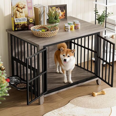 Lulive Dog Crate Furniture, Wooden Dog Kennel Indoor with Adjustable 360°& Height Dog Bowls, Double Doors Furniture Dog Crates End Table for Small/Medium 31.5" L*22.5" W*25.6" H, Grey in Kuwait