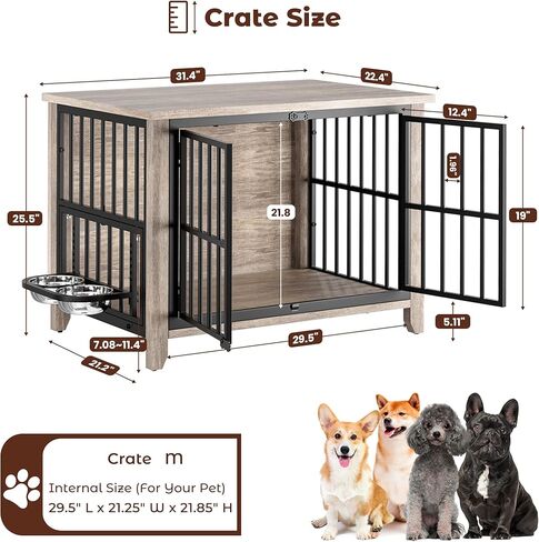 Lulive Dog Crate Furniture, Wooden Dog Kennel Indoor with Adjustable 360°& Height Dog Bowls, Double Doors Furniture Dog Crates End Table for Small/Medium 31.5" L*22.5" W*25.6" H, Grey in Kuwait