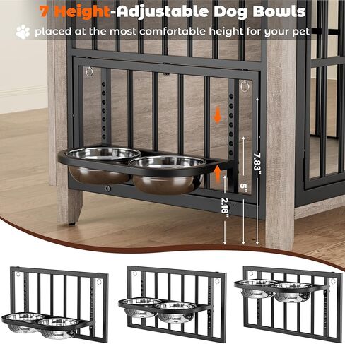 Lulive Dog Crate Furniture, Wooden Dog Kennel Indoor with Adjustable 360°& Height Dog Bowls, Double Doors Furniture Dog Crates End Table for Small/Medium 31.5" L*22.5" W*25.6" H, Grey in Kuwait