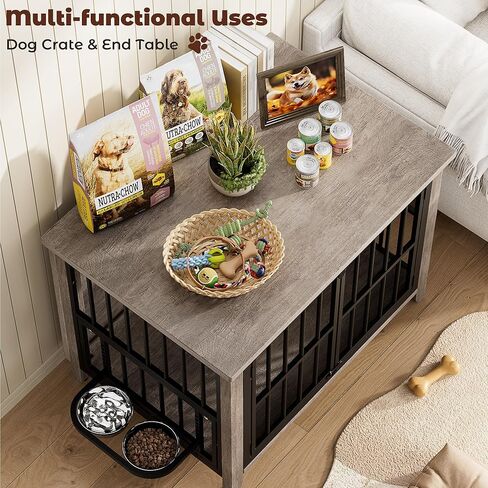 Lulive Dog Crate Furniture, Wooden Dog Kennel Indoor with Adjustable 360°& Height Dog Bowls, Double Doors Furniture Dog Crates End Table for Small/Medium 31.5" L*22.5" W*25.6" H, Grey in Kuwait