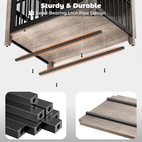 Lulive Dog Crate Furniture, Wooden Dog Kennel Indoor with Adjustable 360°& Height Dog Bowls, Double Doors Furniture Dog Crates End Table for Small/Medium 31.5" L*22.5" W*25.6" H, Grey in Kuwait