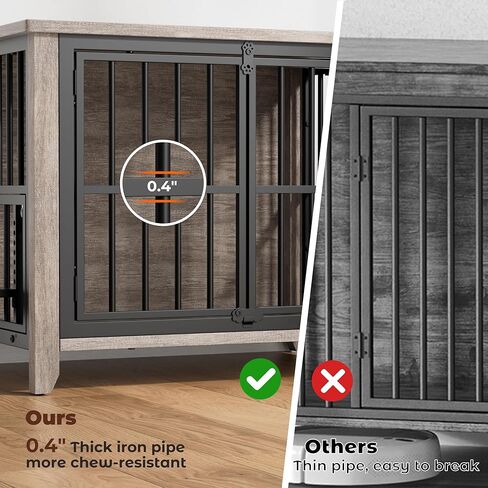 Lulive Dog Crate Furniture, Wooden Dog Kennel Indoor with Adjustable 360°& Height Dog Bowls, Double Doors Furniture Dog Crates End Table for Small/Medium 31.5" L*22.5" W*25.6" H, Grey in Kuwait