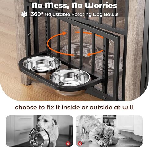 Lulive Dog Crate Furniture, Wooden Dog Kennel Indoor with Adjustable 360°& Height Dog Bowls, Double Doors Furniture Dog Crates End Table for Small/Medium 31.5" L*22.5" W*25.6" H, Grey in Kuwait