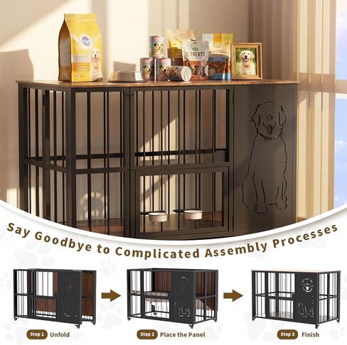 JUNEU 42'' Dog Crate Furniture, No Assembly Dog Kennel Indoor, Collapsible Heavy Duty Dog Crate for Medium/Large Dog(35-60 lb), Wooden Corner Dog Crate with Wheels & Adjustable Bowl Holders in Kuwait