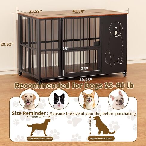 JUNEU 42'' Dog Crate Furniture, No Assembly Dog Kennel Indoor, Collapsible Heavy Duty Dog Crate for Medium/Large Dog(35-60 lb), Wooden Corner Dog Crate with Wheels & Adjustable Bowl Holders in Kuwait