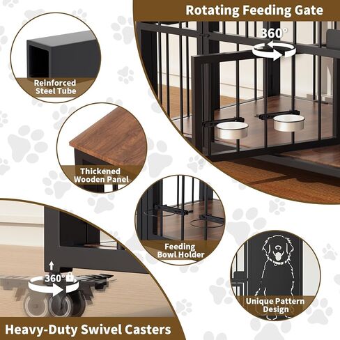 JUNEU 42'' Dog Crate Furniture, No Assembly Dog Kennel Indoor, Collapsible Heavy Duty Dog Crate for Medium/Large Dog(35-60 lb), Wooden Corner Dog Crate with Wheels & Adjustable Bowl Holders in Kuwait