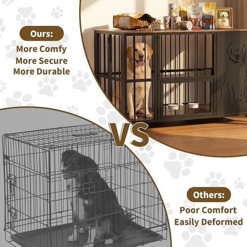 JUNEU 42'' Dog Crate Furniture, No Assembly Dog Kennel Indoor, Collapsible Heavy Duty Dog Crate for Medium/Large Dog(35-60 lb), Wooden Corner Dog Crate with Wheels & Adjustable Bowl Holders in Kuwait