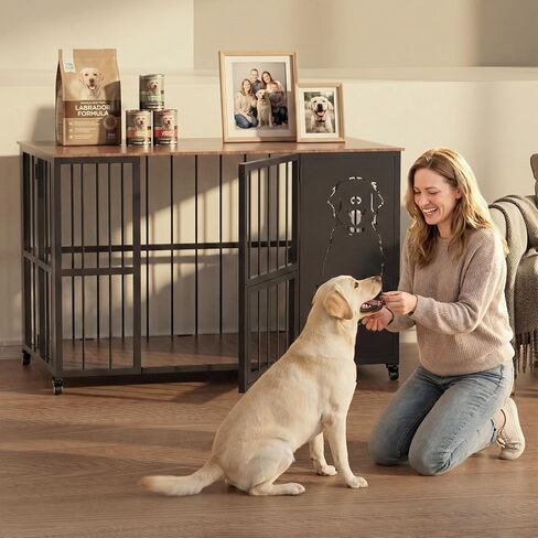 JUNEU 42'' Dog Crate Furniture, No Assembly Dog Kennel Indoor, Collapsible Heavy Duty Dog Crate for Medium/Large Dog(35-60 lb), Wooden Corner Dog Crate with Wheels & Adjustable Bowl Holders in Kuwait