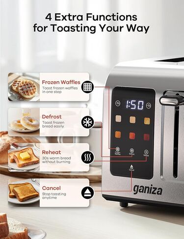 محمصة الخبز الذكية Ganiza شريحتين مع شاشة تعمل باللمس، ومؤقت العد التنازلي الرقمي، وفتحة واسعة لمحمصة الخبز بشاشة تعمل باللمس، والفولاذ المقاوم للصدأ بالكامل، وإلغاء إعادة تسخين تذويب الجليد، +/- 10 ثوانٍ، وصينية فتات الخبز القابلة للإزالة، بحد أقصى 925 و in Kuwait