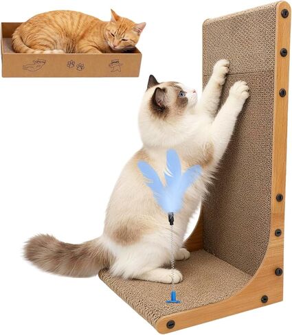 Goosheep Cat Scratching Post, 3-in1 Scratching Board for Indoor Cats, 2PK 22in L-Shaped Cat Scratcher with 1PK Cardboard Box Scratch Pad, Cats Scratch Furniture Protector with Feathered Toy in Kuwait