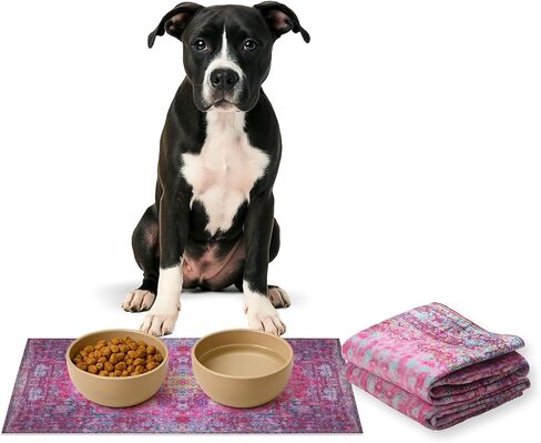 سجادات تغذية الحيوانات الأليفة المقاومة للماء من Lovewag Pets - سجادة طعام فاخرة للقطط والكلاب مقاس 40.64 سم × 60.96 سم - غير قابلة للانزلاق وقابلة للغسل في الغسالة، تحمي الأرضيات وتحتوي على انسكابات وعاء الماء - سجادات المكان (فوشيا غامض) in Kuwait