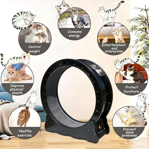 Cat Exercise Wheel - 35.4 Inch Wooden Low Noise Cat Treadmill for Indoor Cats, Detachable Carpet & Enhanced Base for Fitness, Weight Loss Size M Black in Kuwait